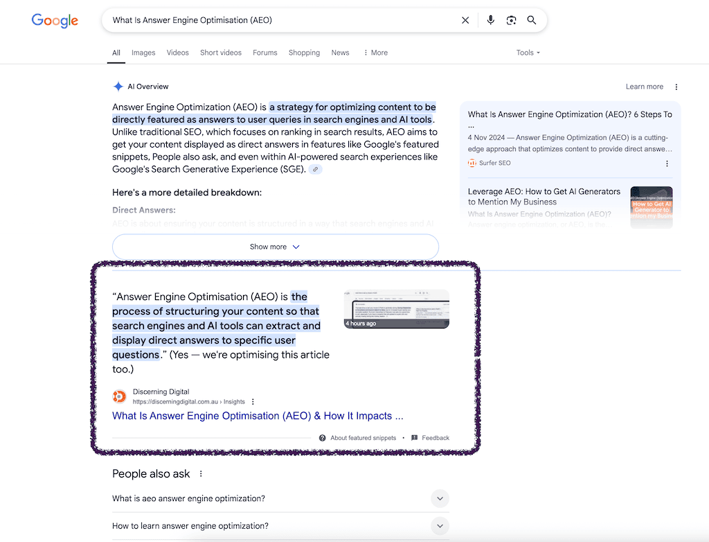 What Is Answer Engine Optimisation (aeo) Featured Snippet Highlighted