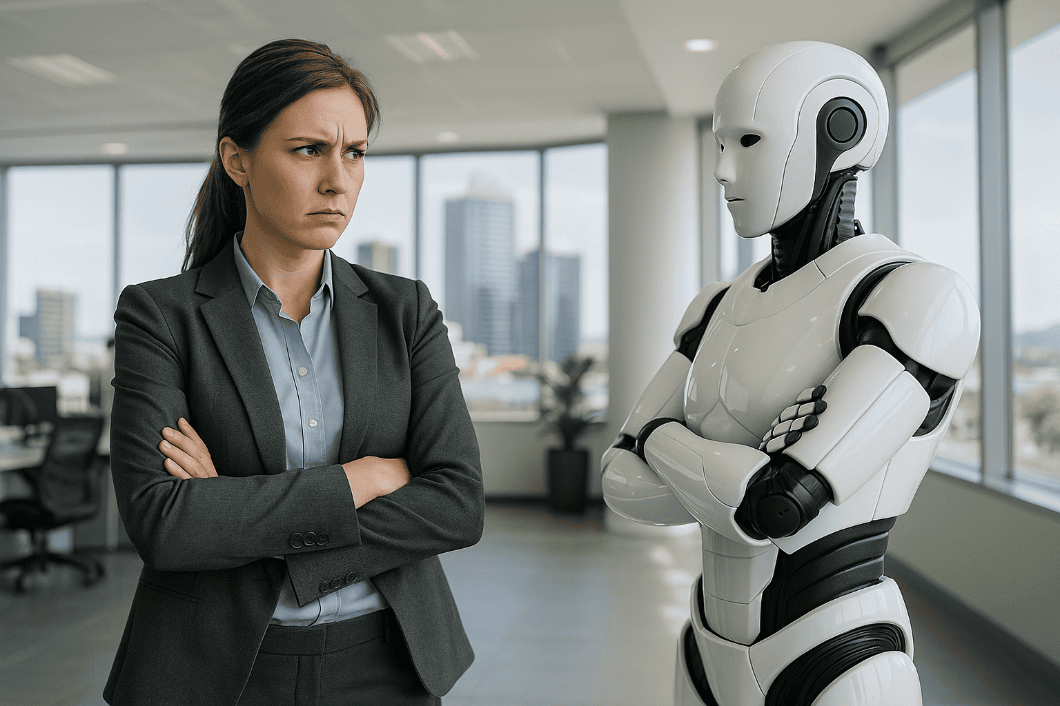 Woman Skeptical And Does Not Trust Ai Robot In The Zero Click Search Era